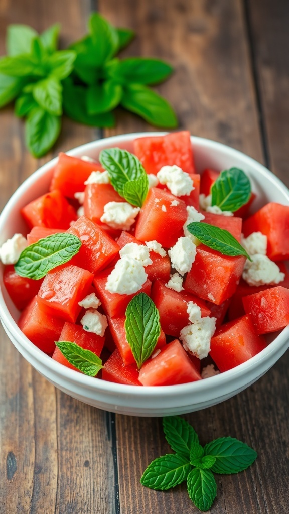 Refreshing Watermelon Salad Recipe A colorful watermelon salad with feta cheese and mint on a rustic wooden table.